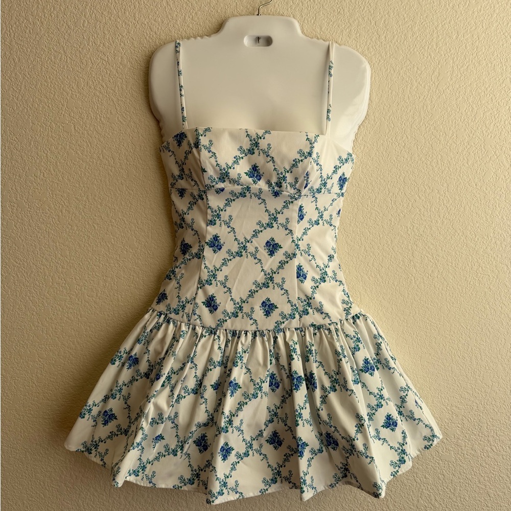 Altar'd State Blue Floral Mini Dress - XS - Drop Waist Smocked Back